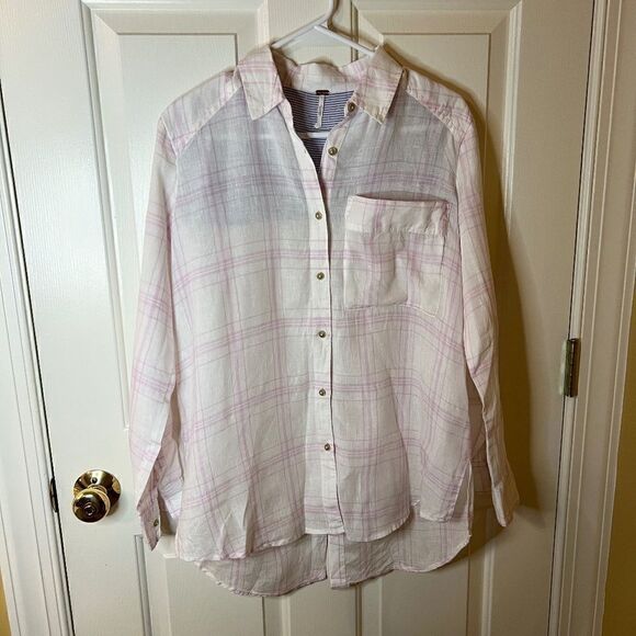 NWOT Free People No Limits White Lavender Plaid Linen Top Shirt Size XS Oversize - Picture 2 of 6